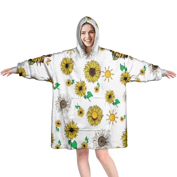 White Sunflower Butterfly Sun Pattern Wearable Oversized Blanket,Wearable Blanket Hoodie for Adults,Cozy Hooded Blankets with Super Pockets,Super Warm Fuzzy Pullover for Women & Men