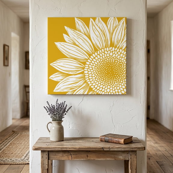 White Sunflower Canvas Wall Art for Living Room Bedroom Bathroom, Summer Floral White Petals Mustard Yellow Background Canvas Art Wall Decor, Artwork for Walls Home Office Decor, 8"x8"