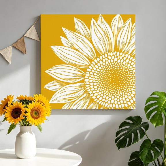 White Sunflower Canvas Wall Art, Summer Floral White Petals Mustard Yellow Background Framed Canvas Wall Decor Picture Print Artwork Decorations for Living Room Office Ready to Hang 10" x 10"
