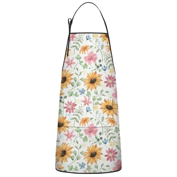 White Sunflower Colorful Flower Pattern Apron-Garden Aprons for Women with Pockets-Cotton Linen Waterproof Kitchen Cooking Gardening Aprons Adjustable for Kitchen,Cooking,BBQ and Salon 33x27 Inch