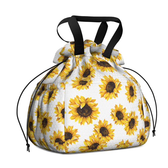 White Sunflower Drawstring Lunch Bag Women - Drawstring Lunch Bag Insulated for Work Office - Stain-Resistant Large Lunchbags for Women with Multi-Pockets