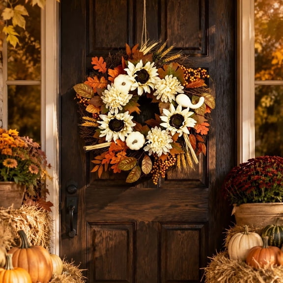 White Sunflower Fall Front Door Wreath Artificial Wreath With Maple Leaves Mini White Pumpkins Berries For Thanksgiving Home Decor Colorful 45*45*8cm