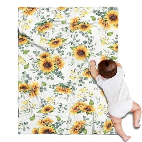 White Sunflower Green Leaf Pattern Blanket,Comfortable Soft Lamb Wool Throw Blanket,All Season,Warm Lightweight Blankets for Sofa Bed Couch Living Room Chair,30"x40"