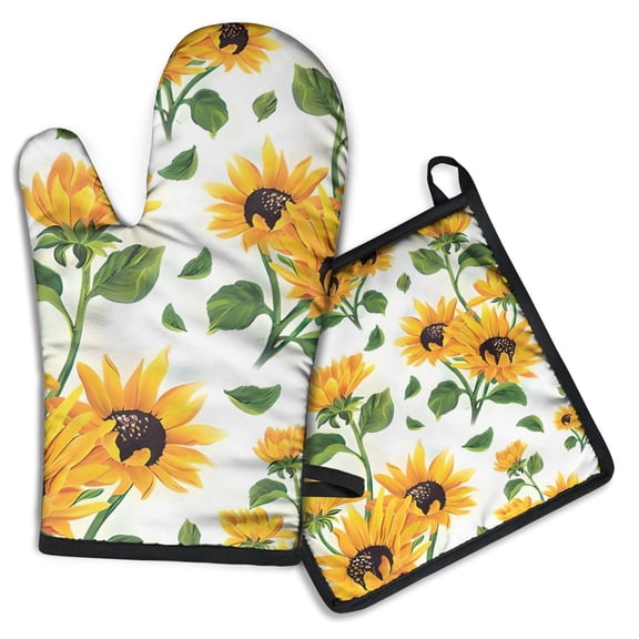 White Sunflower Green Leaf Pattern Kitchen Oven Mitt and Pot Holder Sets 2 Pcs for Baking, Cooking and Grilling, Heat Resistant Up To 392 °F