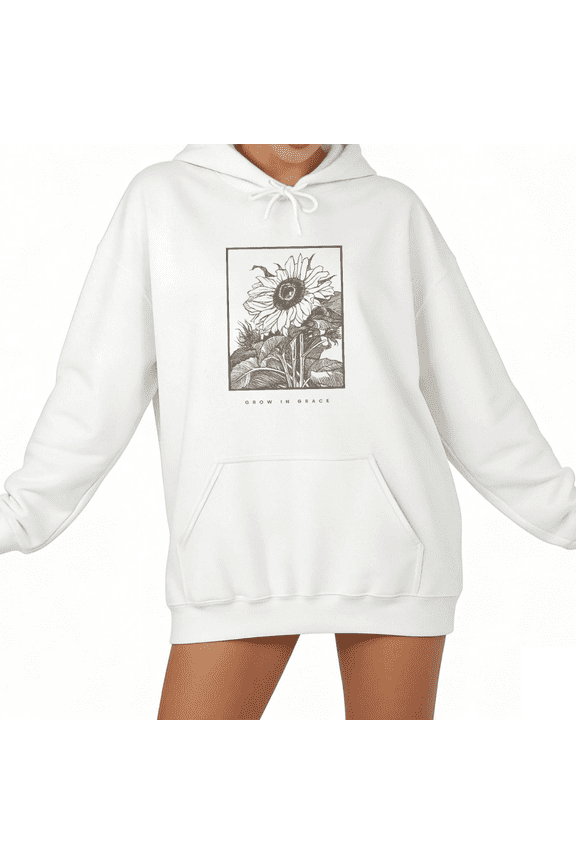 White Sunflower Grow In Grace Print Hoodie Print Sweatshirt Graphic Sweatshirt Floral Boho Gift S 2XL Tops