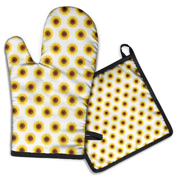 White Sunflower Pattern Kitchen Oven Mitt and Pot Holder Sets 2 Pcs for Baking, Cooking and Grilling, Heat Resistant Up To 392 °F