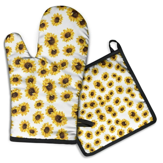 White Sunflower Kitchen Oven Mitt and Pot Holder Sets 2 Pcs for Baking, Cooking and Grilling, Heat Resistant Up To 392 °F