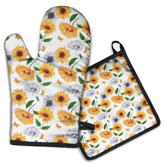 White Sunflower Kitchen Oven Mitt and Pot Holder Sets 2 Pcs for Baking, Cooking and Grilling, Heat Resistant Up To 392 °F