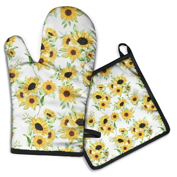 White Sunflower Kitchen Oven Mitt and Pot Holder Sets 2 Pcs for Baking, Cooking and Grilling, Heat Resistant Up To 392 °F
