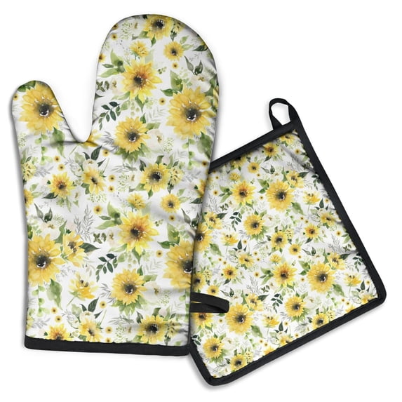 White Sunflower Kitchen Oven Mitt and Pot Holder Sets 2 Pcs for Baking, Cooking and Grilling, Heat Resistant Up To 392 °F