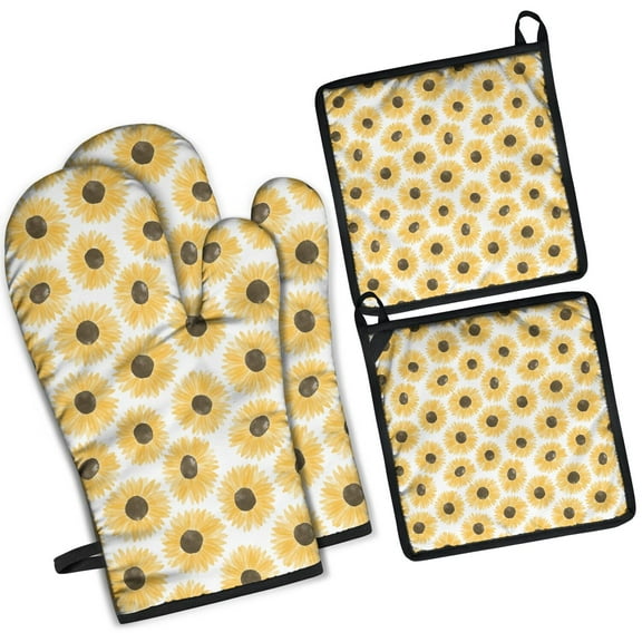 White Sunflower Kitchen Oven Mitt and Pot Holder Sets 4 Pcs for Baking, Cooking and Grilling, Heat Resistant Up To 392 °F