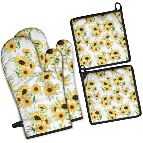 White Sunflower Kitchen Oven Mitt and Pot Holder Sets 4 Pcs for Baking, Cooking and Grilling, Heat Resistant Up To 392 °F