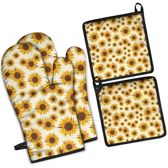 White Sunflower Kitchen Oven Mitt and Pot Holder Sets 4 Pcs for Baking, Cooking and Grilling, Heat Resistant Up To 392 °F