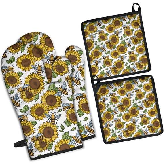 White Sunflower Kitchen Oven Mitt and Pot Holder Sets 4 Pcs for Baking, Cooking and Grilling, Heat Resistant Up To 392 °F