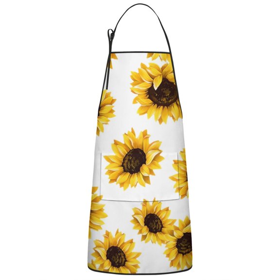 White Sunflower Pattern Apron-Garden Aprons for Women with Pockets-Cotton Linen Waterproof Kitchen Cooking Gardening Aprons Adjustable for Kitchen,Cooking,BBQ and Salon 33x27 Inch