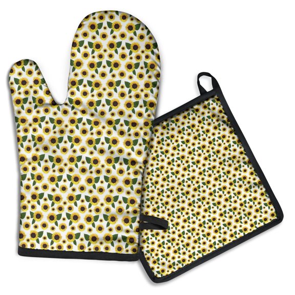 White Sunflower Pattern Kitchen Oven Mitt and Pot Holder Sets 2 Pcs for Baking, Cooking and Grilling, Heat Resistant Up To 392 °F