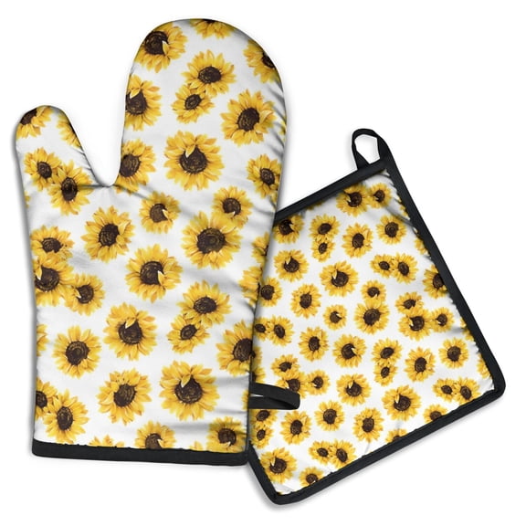 White Sunflower Pattern Kitchen Oven Mitt and Pot Holder Sets 2 Pcs for Baking, Cooking and Grilling, Heat Resistant Up To 392 °F