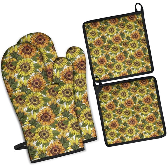 White Sunflower Pattern Kitchen Oven Mitt and Pot Holder Sets 2 Pcs for Baking, Cooking and Grilling, Heat Resistant Up To 392 °F