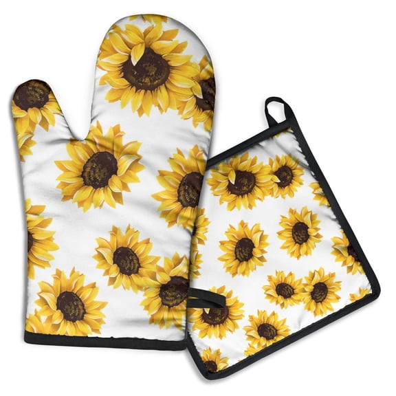 White Sunflower Pattern Kitchen Oven Mitt and Pot Holder Sets 2 Pcs for Baking, Cooking and Grilling, Heat Resistant Up To 392 °F
