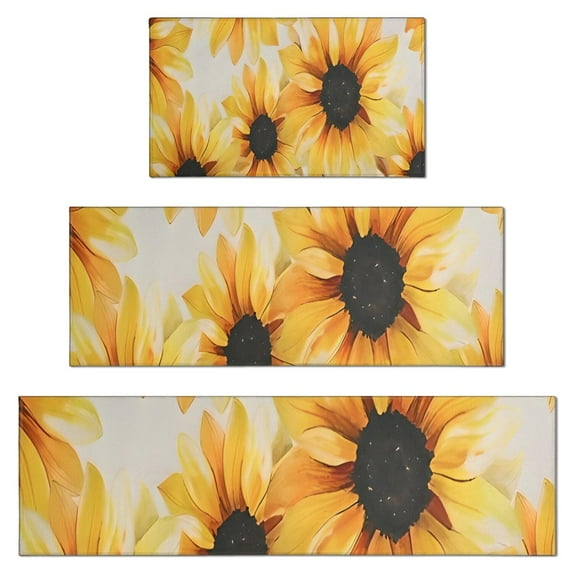 White Sunflower Pattern Kitchen Rugs Sets Of 3,Kitchen Runner Rugs Non Skid Washable,Decorative Kitchen Floor Mats for Kitchen,Sink,Laundry,17"x30"+ 17"x47" + 17"x59"