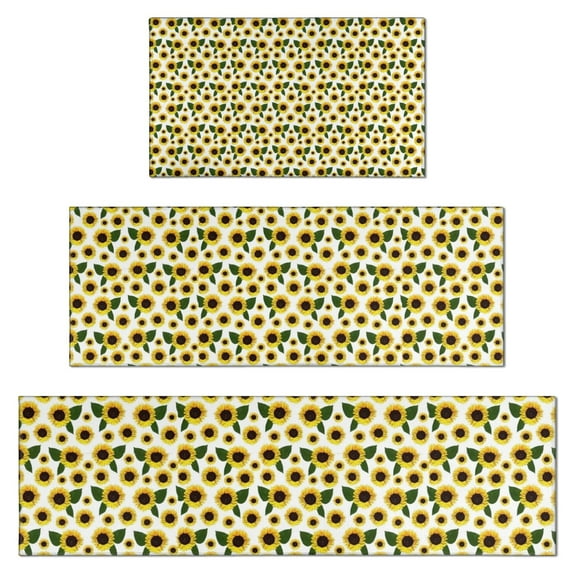 White Sunflower Pattern Kitchen Rugs Sets Of 3,Kitchen Runner Rugs Non Skid Washable,Decorative Kitchen Floor Mats for Kitchen,Sink,Laundry,17"x30"+ 17"x47" + 17"x59"