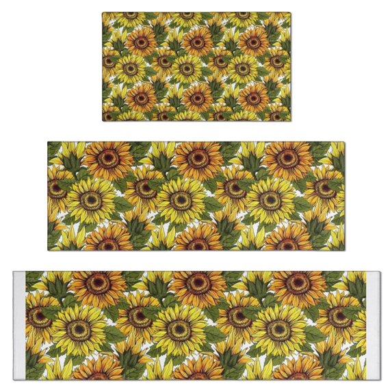 White Sunflower Pattern Kitchen Rugs Sets Of 3,Kitchen Runner Rugs Non Skid Washable,Decorative Kitchen Floor Mats for Kitchen,Sink,Laundry,17"x30"+ 17"x47" + 17"x59"