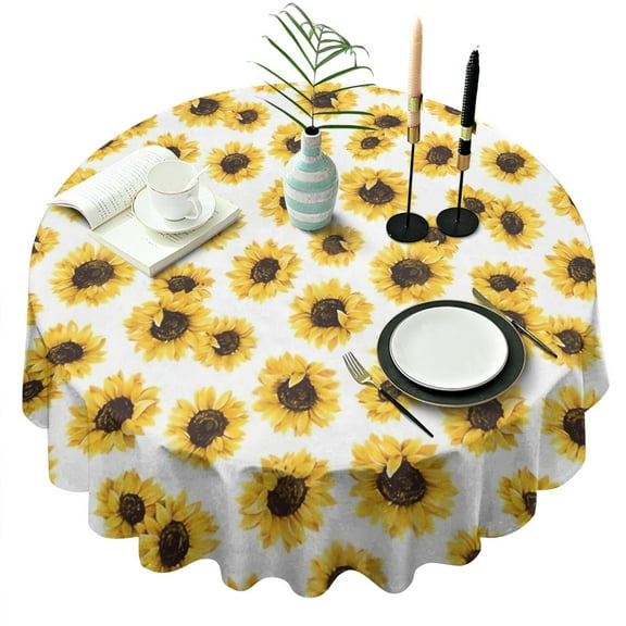 White Sunflower Pattern Round Tablecloth 60"x60",Wrinkle Wipeable Table Cloth for Kitchen Dining Room Picnic Patio Party