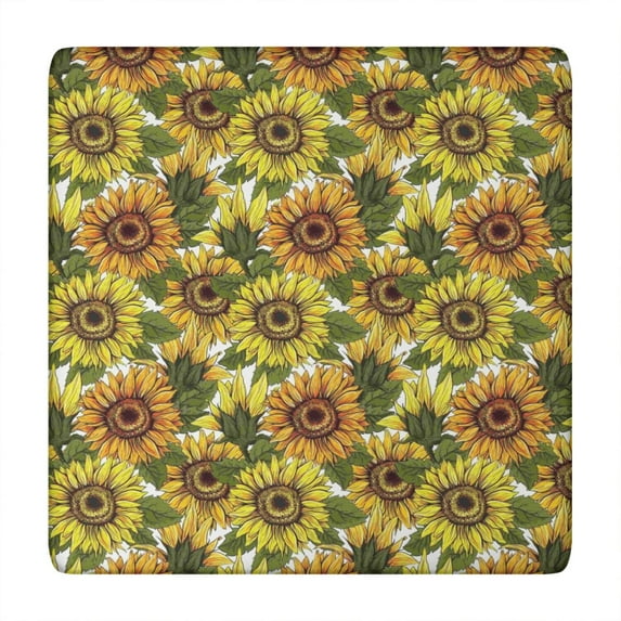 White Sunflower Pattern Square Fitted Tablecloth with Elastic Edge,Square Table Cover,Washable Elastic Table Cover for Home Kitchen Party Decor 34"x34"