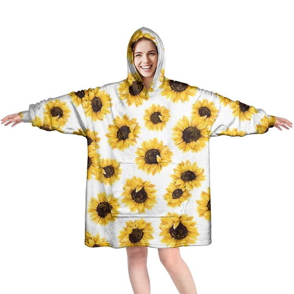 White Sunflower Pattern Wearable Oversized Blanket,Wearable Blanket Hoodie for Adults,Cozy Hooded Blankets with Super Pockets,Super Warm Fuzzy Pullover for Women & Men