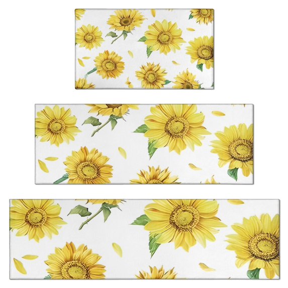 White Sunflower Petal Pattern Kitchen Rugs Sets Of 3,Kitchen Runner Rugs Non Skid Washable,Decorative Kitchen Floor Mats for Kitchen,Sink,Laundry,17"x30"+ 17"x47" + 17"x59"