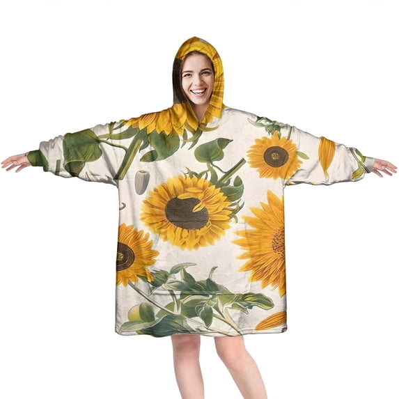 White Sunflower Seed Leaf Pattern Wearable Oversized Blanket,Wearable Blanket Hoodie for Adults,Cozy Hooded Blankets with Super Pockets,Super Warm Fuzzy Pullover for Women & Men