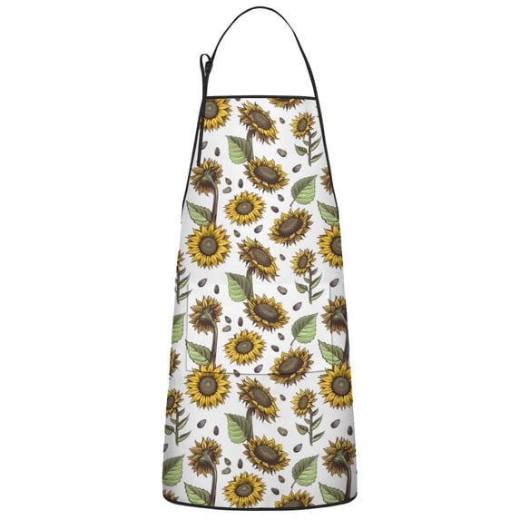 White Sunflower Seed Pattern Apron-Garden Aprons for Women with Pockets-Cotton Linen Waterproof Kitchen Cooking Gardening Aprons Adjustable for Kitchen,Cooking,BBQ and Salon 33x27 Inch