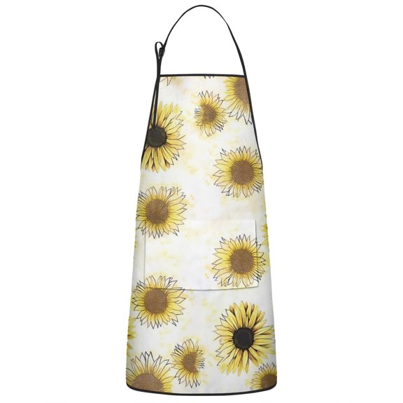 White Sunflower Sketch Pattern Apron-Garden Aprons for Women with Pockets-Cotton Linen Waterproof Kitchen Cooking Gardening Aprons Adjustable for Kitchen,Cooking,BBQ and Salon 33x27 Inch