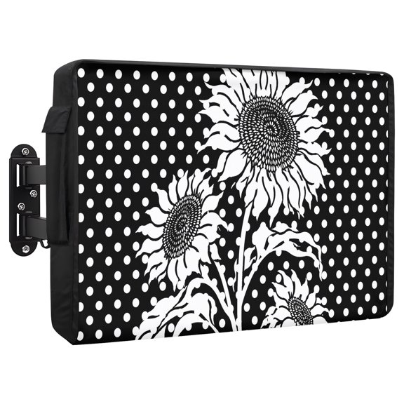 White Sunflower Waterproof Outdoor TV Cover, Summer Floral Botanical Black White Polka Dot Backdrop Outside Weatherproof TV Enclosures for 80 to 85 Inch LCD Television Shield Flat Screen Protectors