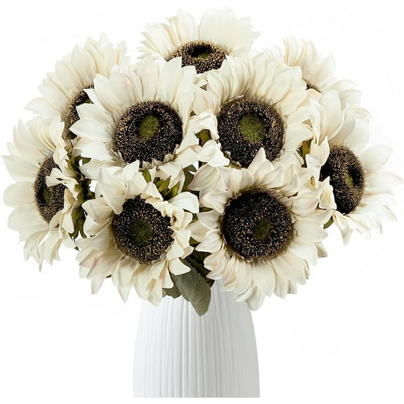 White Sunflowers Artificial Flowers 7 Pcs Faux Silk Sunflowers Bouquet Fake Real Touch Long Stems Floral for Wedding Party Centerpieces Home Decoration(Autumn White)