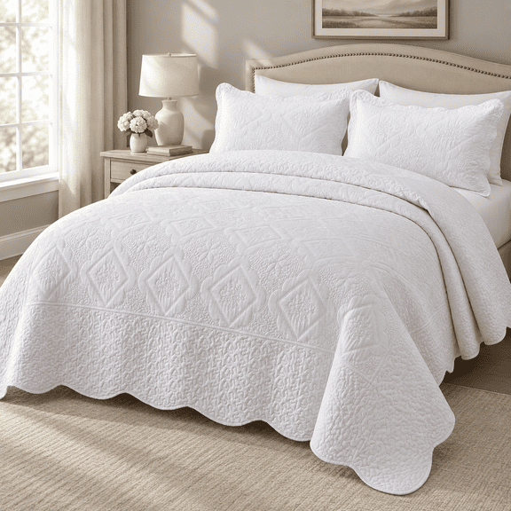 White Super King(120"x120") 3-Piece Oversized Floral Embroidery Reversible Quilt Bedding Set