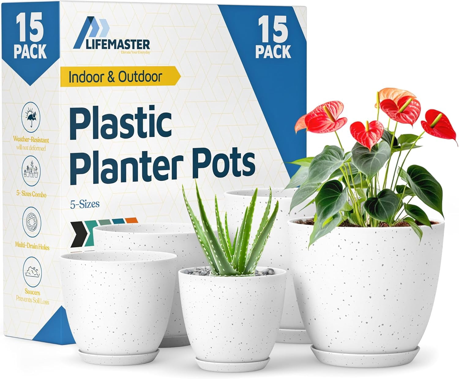 White+Surface Gray Plant Pots with Drainage Holes & Saucers 15 Packs, Indoor & Outdoor Stackable Plastic Planters in Multiple Sizes for Houseplants & Flowers, Durable & Weatherproof Materials