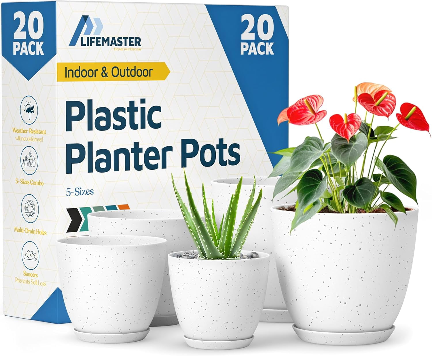 White+Surface Gray Plant Pots with Drainage Holes & Saucers 20 Packs, Indoor & Outdoor Stackable Plastic Planters in Multiple Sizes for Houseplants & Flowers, Durable & Weatherproof Materials