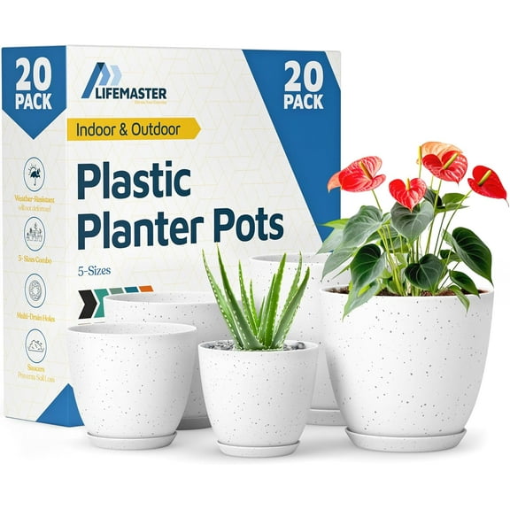 White+Surface Gray Plant Pots with Drainage Holes & Saucers 20 Packs, Indoor & Outdoor Stackable Plastic Planters in Multiple Sizes for Houseplants & Flowers, Durable & Weatherproof Materials