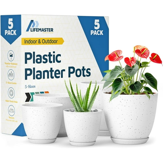 White+Surface Gray Plant Pots with Drainage Holes & Saucers 5 Packs, Indoor & Outdoor Stackable Plastic Planters in Multiple Sizes for Houseplants & Flowers, Durable & Weatherproof Materials
