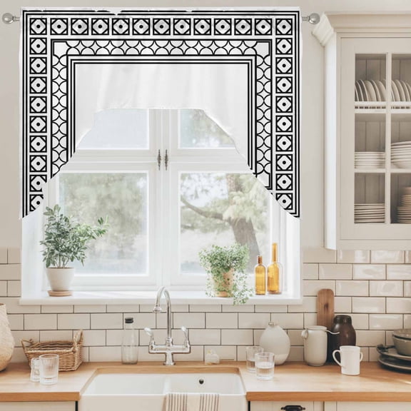 White Swag Valance for Windows, Boho Diamond Pattern Border Rustic Southwestern Swag Curtains Valances for Small Window Treatment Rod Pocket for Kitchen Bathroom 1 Panel 56x36in