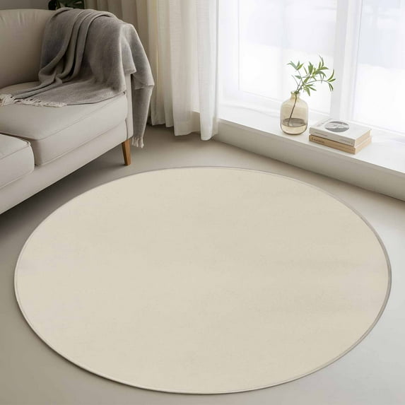 White Swan 4ft Round Rug, Farmhouse Solid Beige Color Modern Art Non-Skid Rubber Backing Large Area Rugs - Living Room Bedroom Home Office, Indoor Floor Mat Carpets Washable Rug