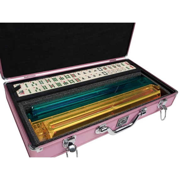 White Swan American Mahjong Set in Luggage-Style Pink Case - Ivory Tiles - Modern Pushers