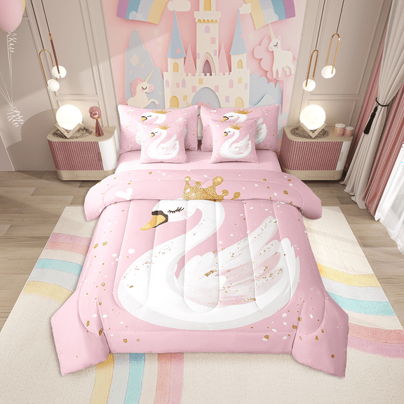 Erosebridal White Swan Bed In A Bag Queen Comforter Set 7 Piece,Girls Pink Cartoon Bedding Sets Sweet Princess Swan Sheet Set With Comforter,Animal Bed Set