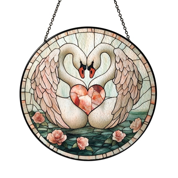 White Swan Floral Scene Stained Glass Effect Suncatcher, Elegant Window Hanging Decor