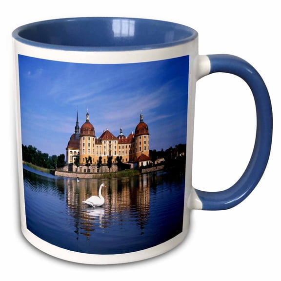 3drose, White Swan in Lake at Castle in Dresden Germany, 15oz Two-tone Blue Mug