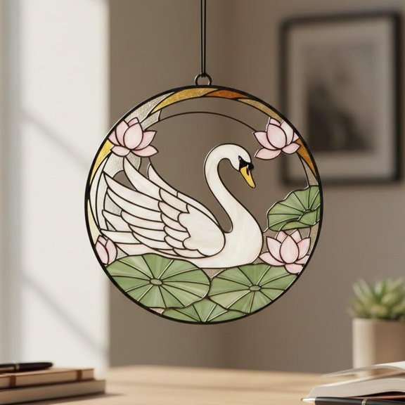 White Swan Pink Lotus Lily Pad Zen Garden Acrylic Suncatcher Window Hanging Home Decor Bird Lovers Gift