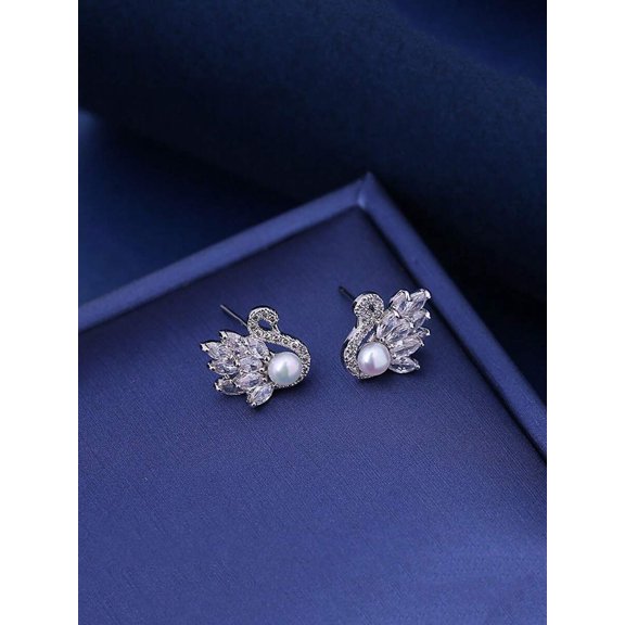 White Swan Stud Earrings With Cubic Zirconia And Simulated Pearl