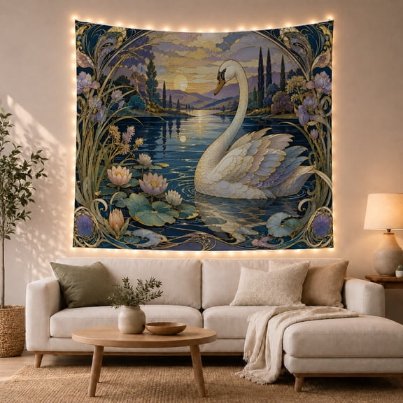White Swan on Tranquil Lake with Lily Pads, Dreamy Illustration for Nature Lovers, Wildlife Art Decor, Housewarming Gift, Tapestry Wall Hanging for Bedroom and Living Room