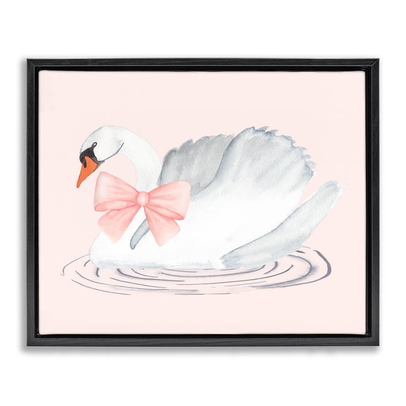 Stupell Industries White Swan with Pink Ribbon Black Framed Floater Canvas Wall Art, design by Nina Jacobs, 17 x 21